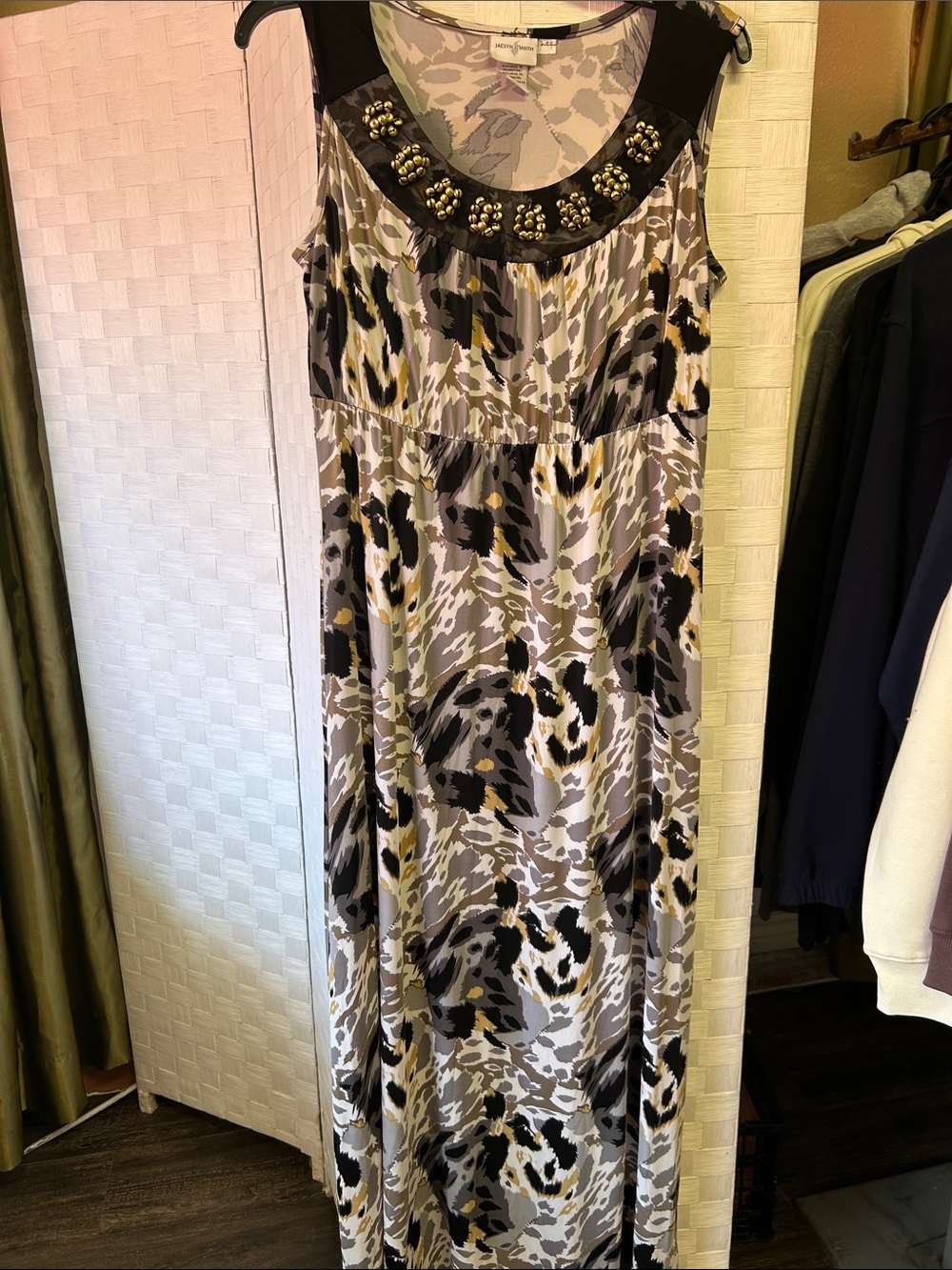 Jaclyn Smith Beaded-Neckline Sleeveless Maxi Dress in Black, Taupe & Cream